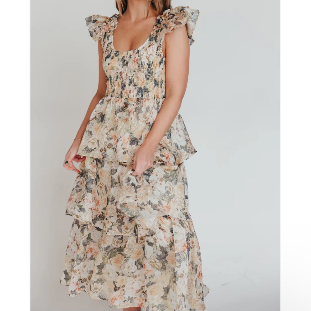 Midi Dress in Champagne Floral tiered.